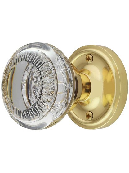 Classic Rosette Door Set with Ovolo Crystal-Glass Knobs in Polished Brass.